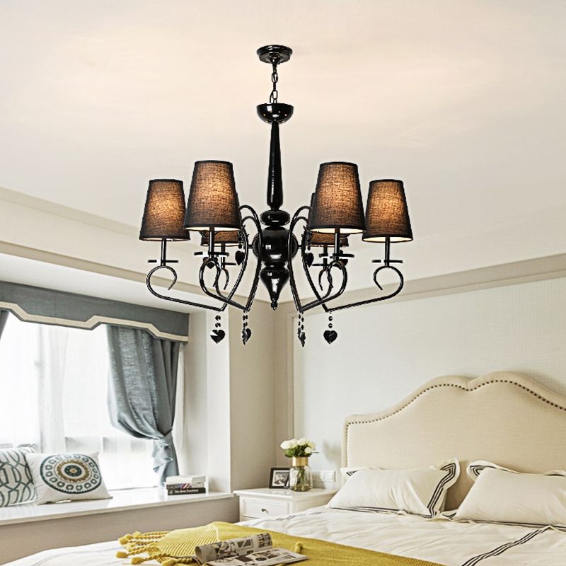 Fabric Tapered Hanging Ceiling Light Rustic 6/9 Lights Living Room Chandelier Light in Black