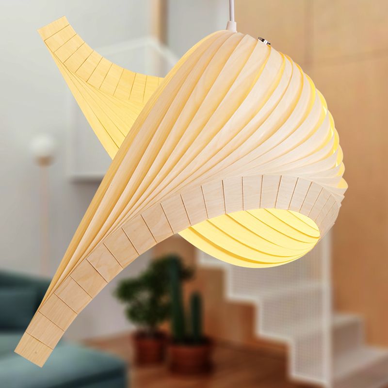 Artistic Shell Suspension Lamp Minimalist Natural Wood 1 Bulb Staircase Pendant Light