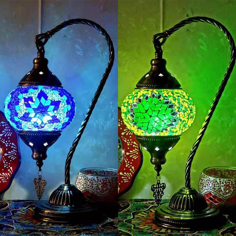 1 Bulb Gooseneck Table Light Moroccan Mosaic Stained Glass Night Light with Globe Shade