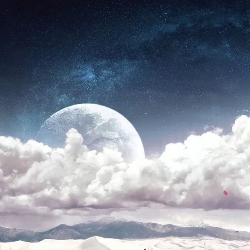 Whole Cloud and Moon Mural in Blur and White Non-Woven Fabric Wall Art for Ceiling, Made to Measure