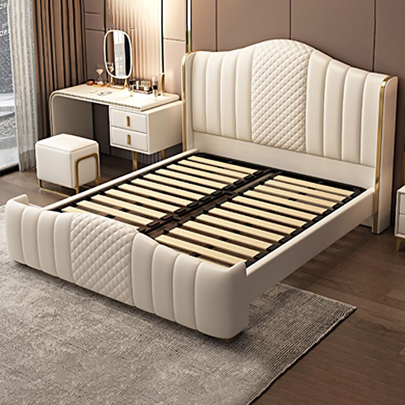 Glam Beige Standard Bed Camel Back Pine Wood and Metal    Panel Bed
