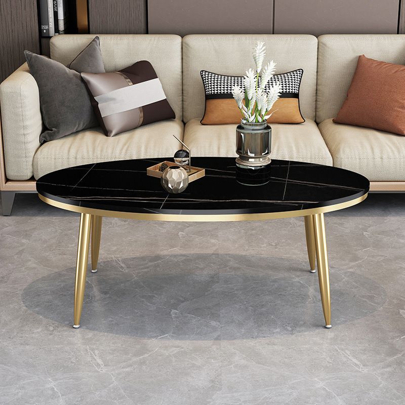 Modern Style Cocktail Table Rock Plate Top Metal Base Round Coffee Table