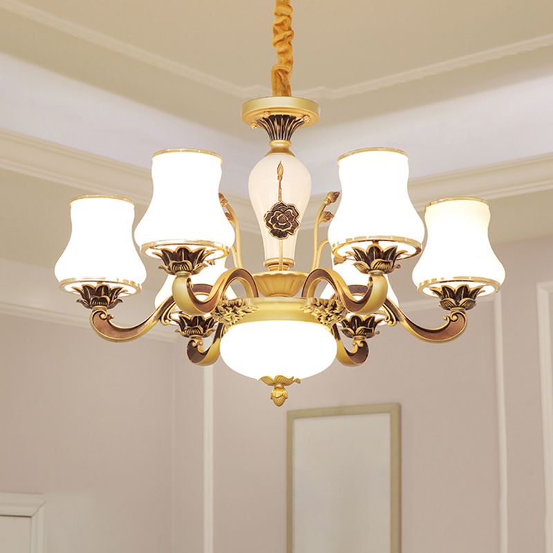 White Glass Flared Chandelier Vintage Dining Room Suspended Lighting Fixture in Brass