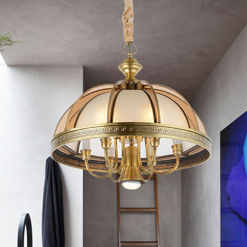 7 Bulbs Bowl Hanging Chandelier Colonial Brass Frosted Glass Ceiling Suspension Lamp for Kitchen, 16.5"/20.5" Wide