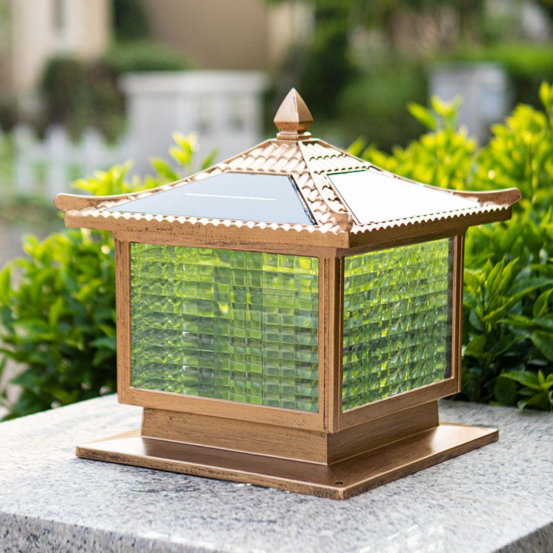 1-Light Pillar Lamp Square Solar Lighting Fixture with Glass Shade for Garden