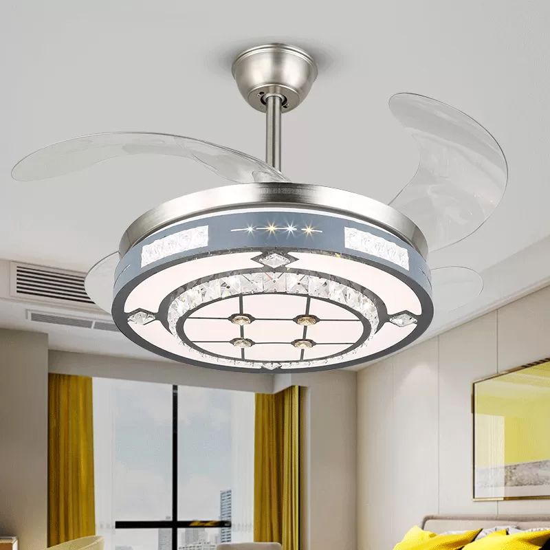 Round Hanging Fan Lamp Fixture Modern Crystal 19" Wide LED Silver Semi Flush Mount Light, 4 Blades