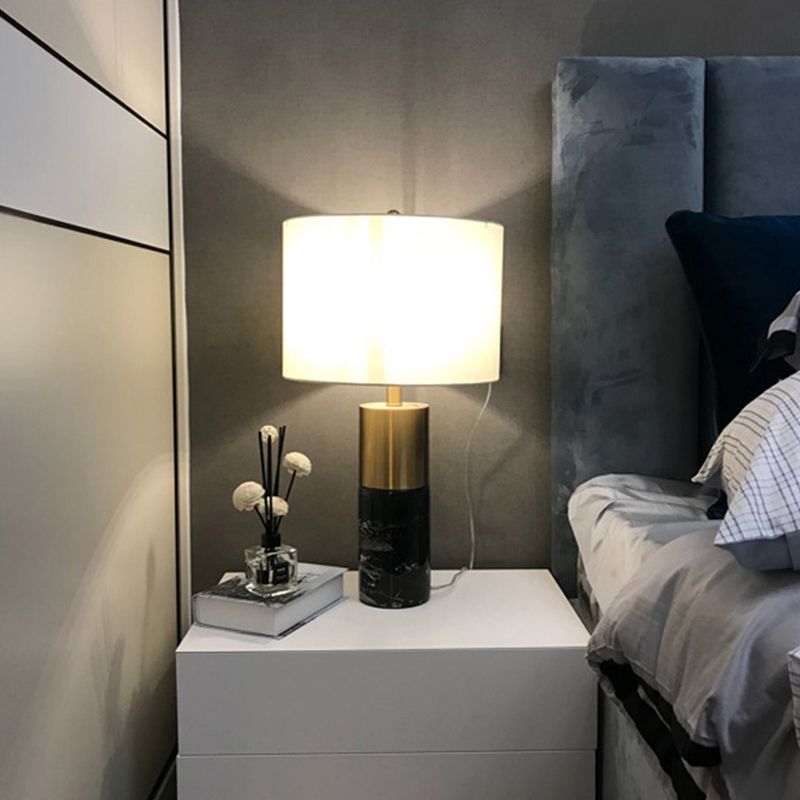 Cylindrical Table Light Nordic Style Marble 1 Bulb Black Nightstand Lighting with Fabric Shade