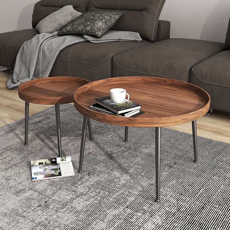 Round Brown/Black Wood Coffee Table 3 Legs Base 2 Nestling Cocktail Table