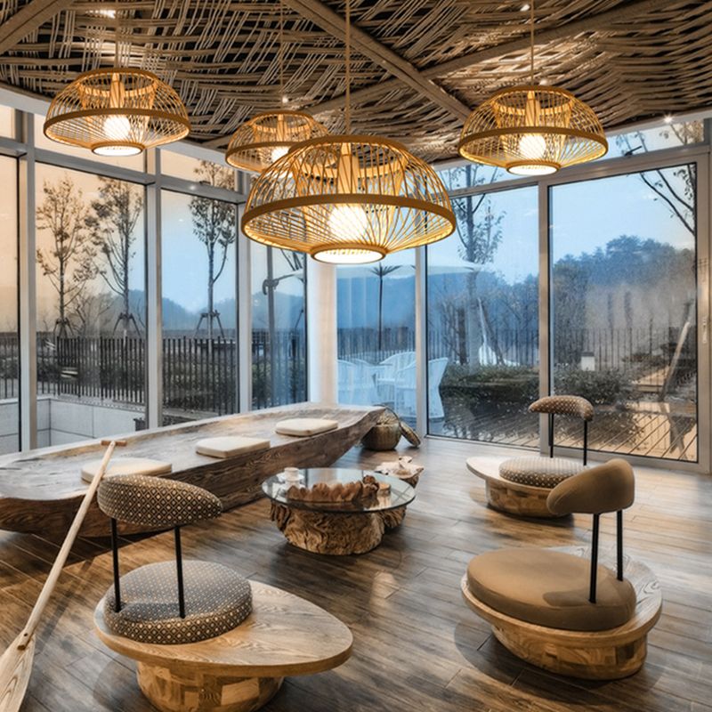 Woven Suspension Lighting Minimalist Bamboo 1 Bulb Wood Hanging Lamp for Restaurant