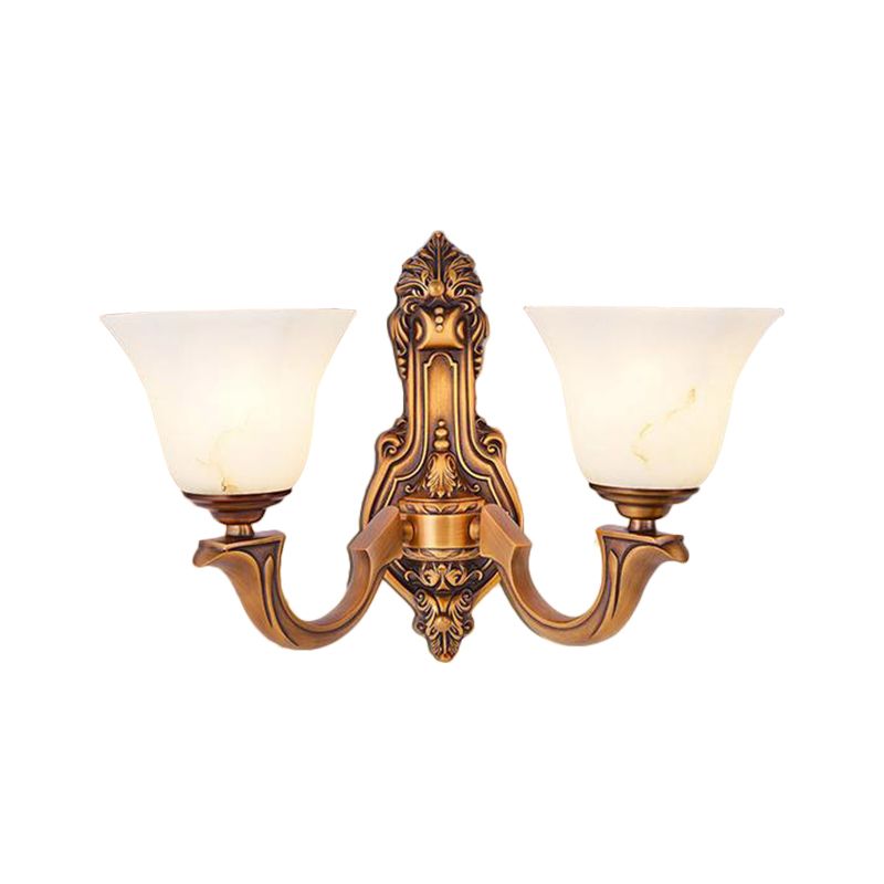 2 lichten SCONCE LICHT Rustieke slaapkamer wandlamp met belmaanglazen schaduw in messing