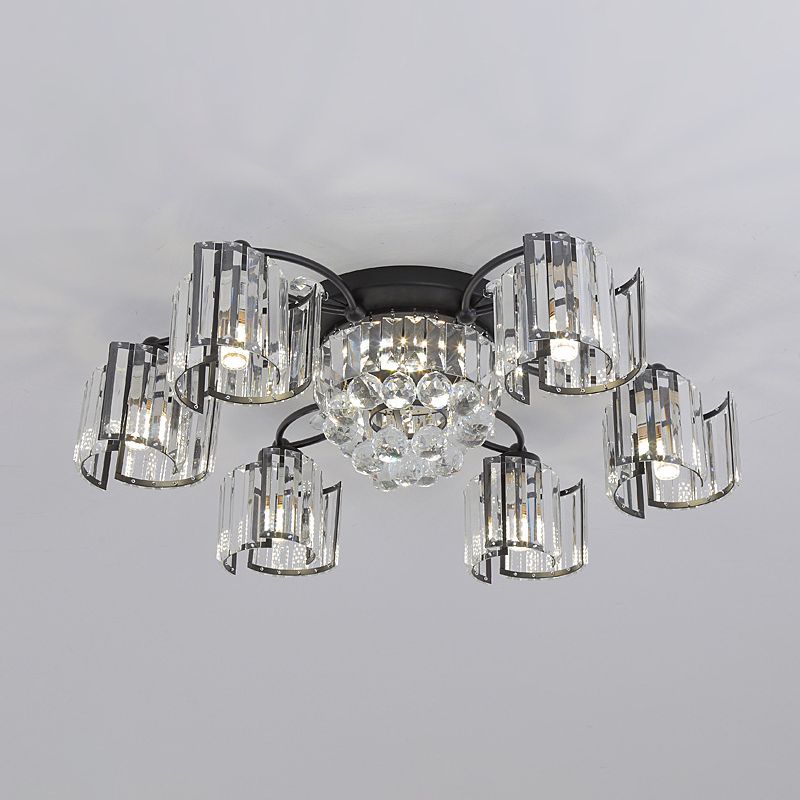 Curved Panel Semi Flush Mount Modern Crystal Rectangle 4/6 Heads Dining Room Ceiling Lighting in Black