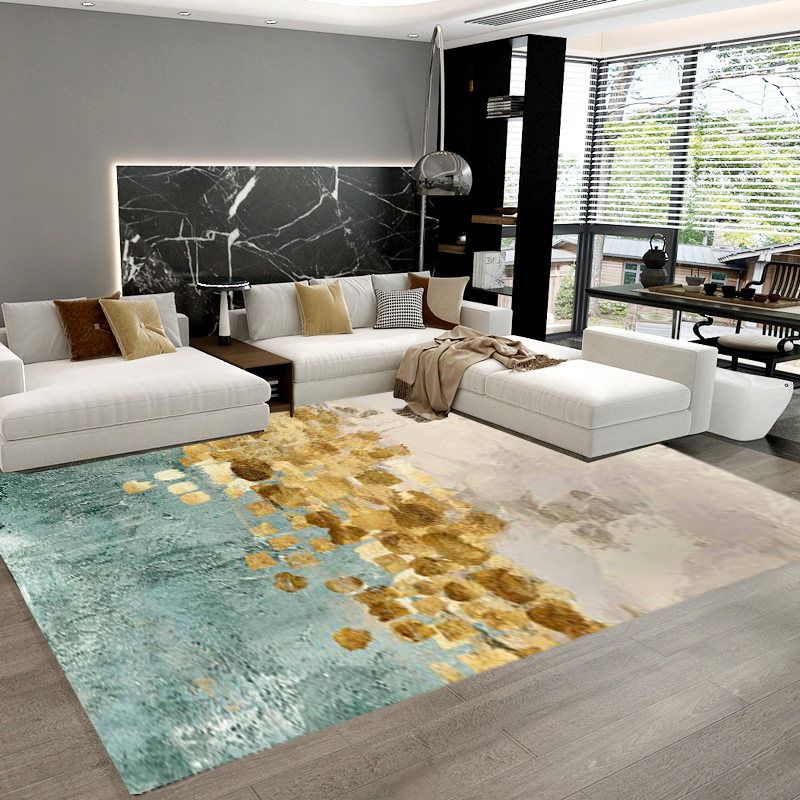 Blue and Yellow Contemporary Rug Polyester Abstract Rug Non-Slip Backing Washable Carpet for Living Room