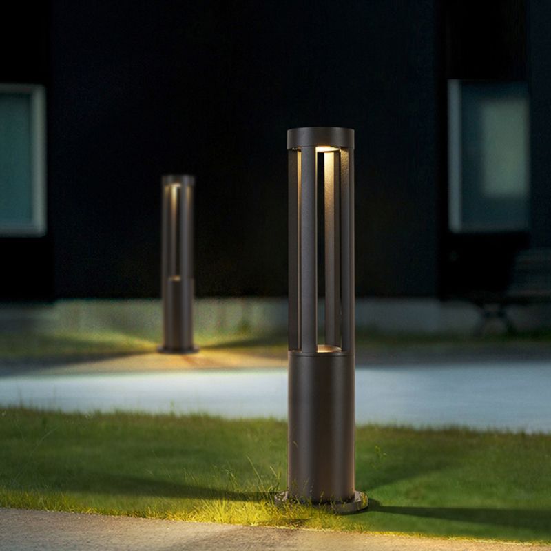 Contemporary Metal Pillar Lamp Geometric Shape Outdoor Waterproof Light in Black Finish