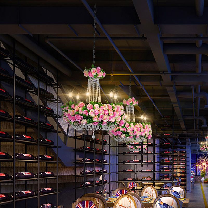 Farmhouse Candelabra Chandelier Iluminación de flores de hierro de 6 cabezas Luz de techo en rosa con acento de cristal