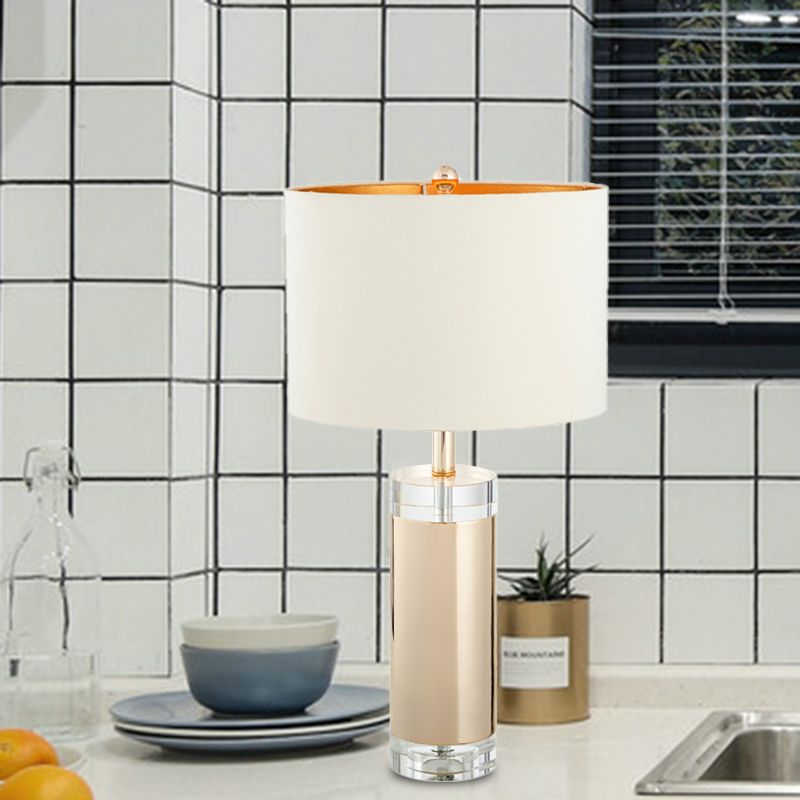 White 1 Light Nightstand Lamp Rustic Crystal Cylinder Table Light for Living Room