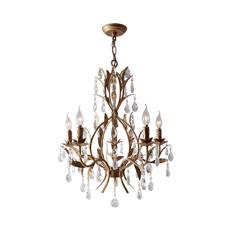 Brass Candle Chandelier Lamp Retro 5 Heads Metal Ceiling Pendant Light with Crystal Teardrop