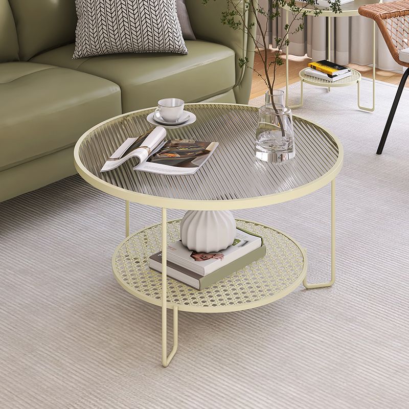 Contemporary Cocktail Table with Glass Top and Iron Base and Shelf