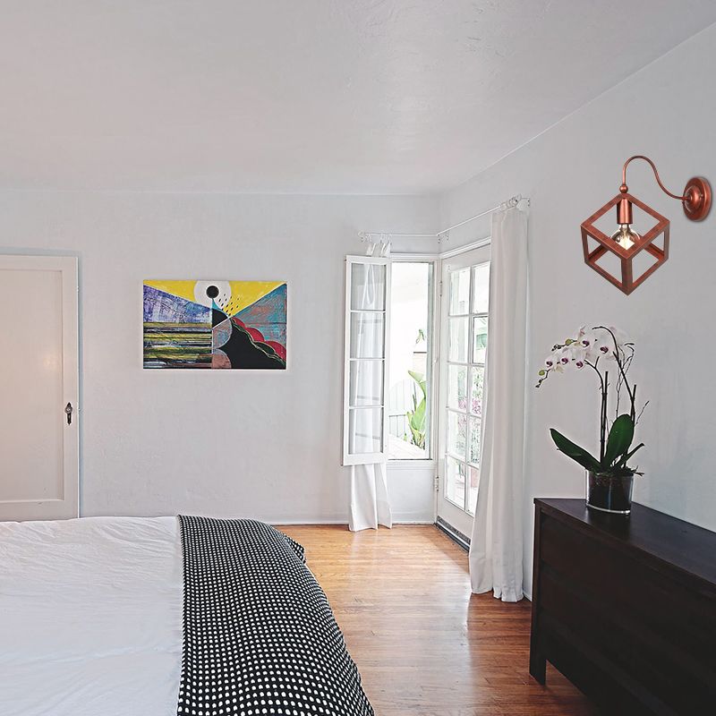 Cube Cage Bedroom Wall Lighting Vintage Metal 1 Bulb Black/Rust Finish Wall Sconce Lamp with Gooseneck Arm