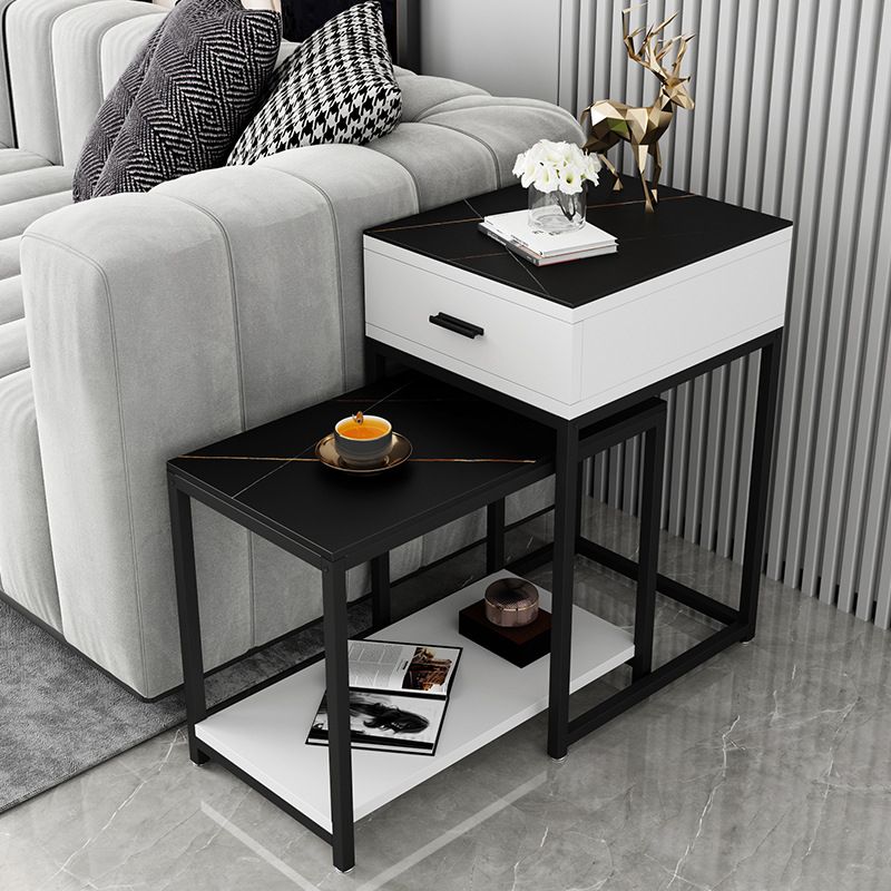 Contemporary Living Room Sofa Side Table Stone Top End Table with Drawer and Shelf
