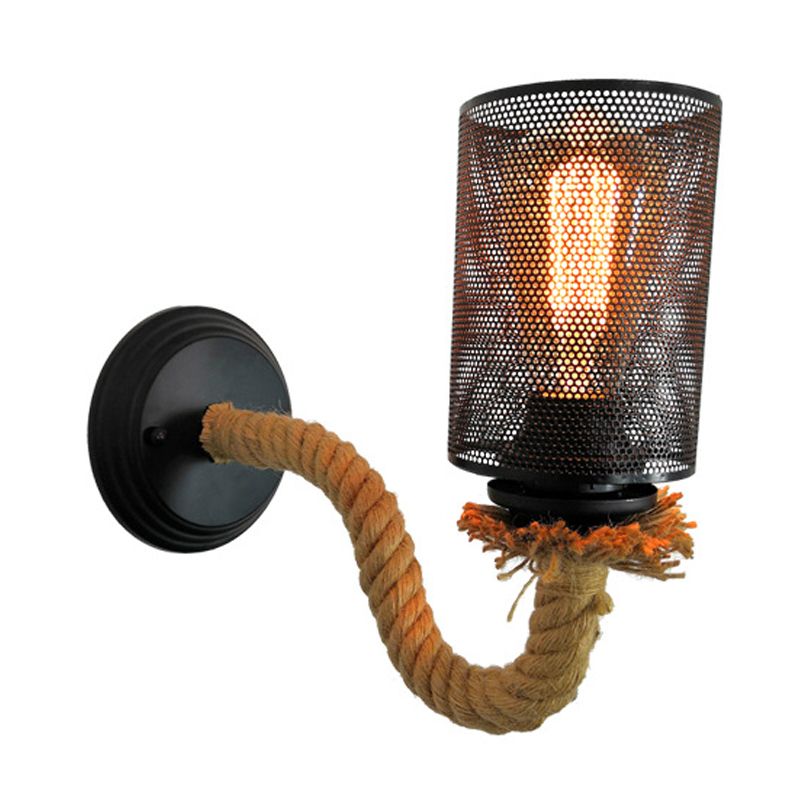 Black Cylinder Wall Lighting Fixture Vintage Metal 1 Light Dining Room Sconce with Rope Arm