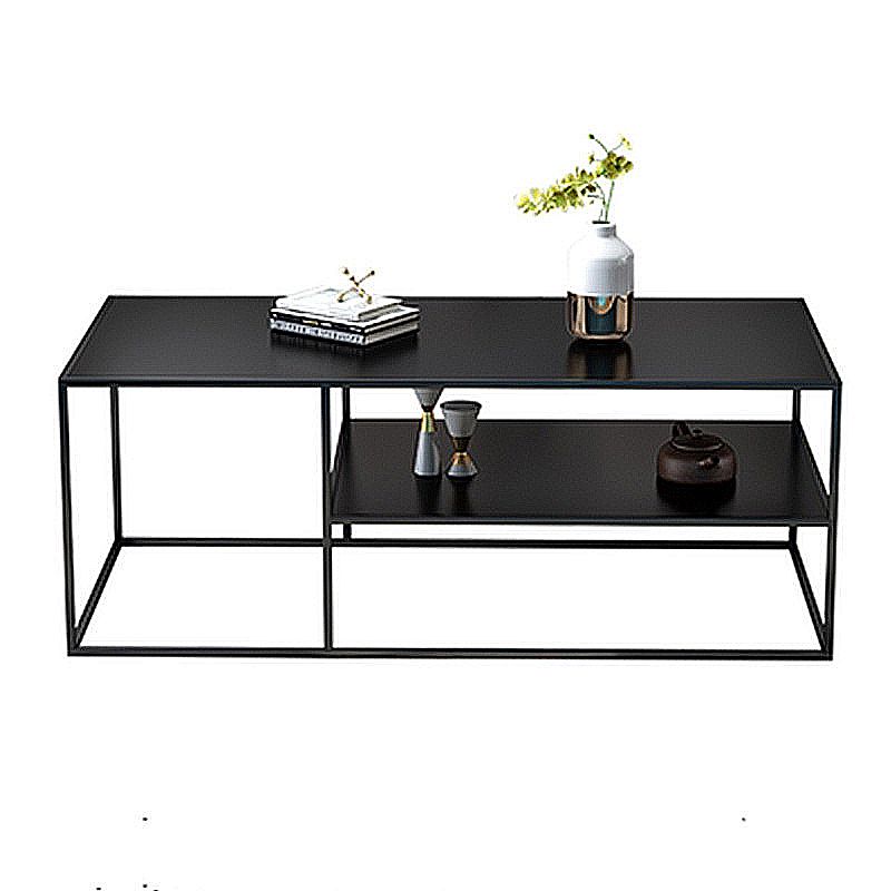 Black Finish Metal Rectangular Coffee Cocktail Table with Storage Shelf