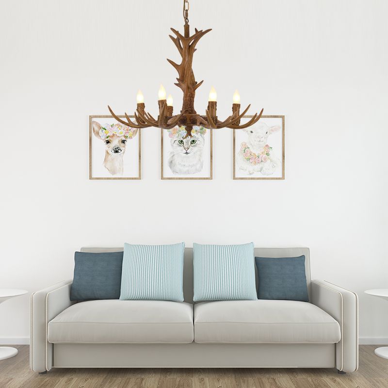 Rural Candelabra Hanging Pendant 6 Lights Resin Ceiling Chandelier in Tan for Living Room