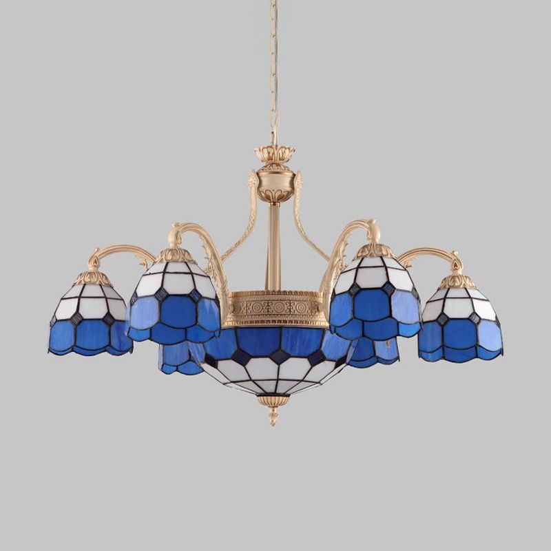 Yellow/Blue Grid Patterned Chandelier Lighting Baroque 9/11 Lights Hand Cut Glass Pendant Lamp for Bedroom