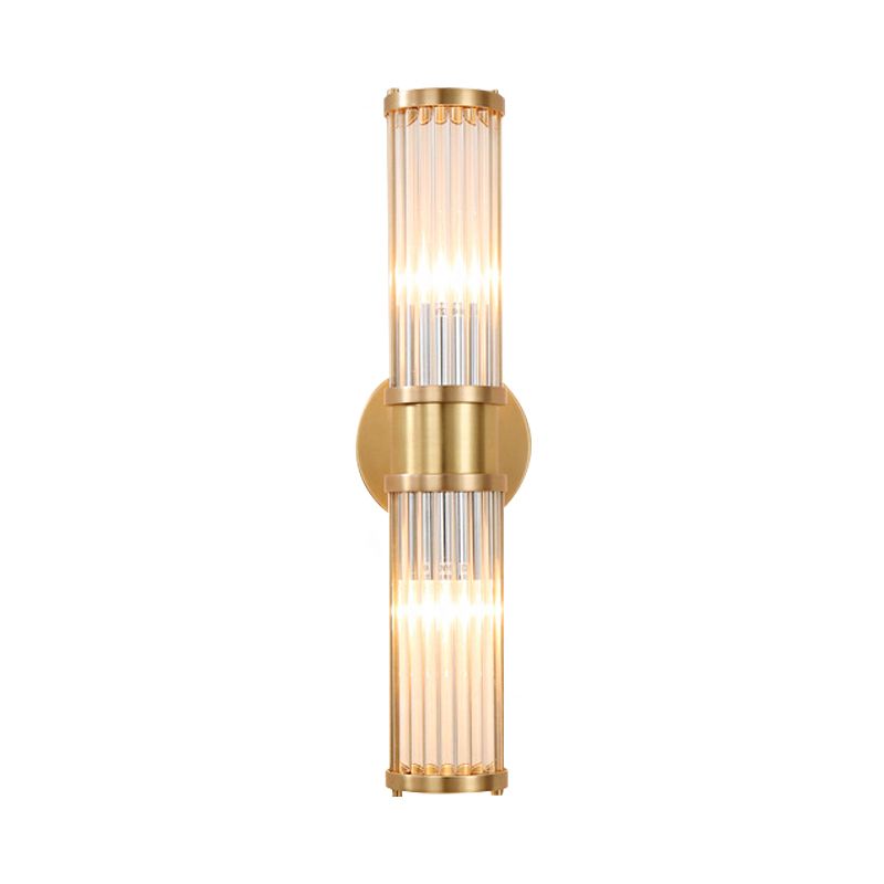 Lámpara de pared lineal de latón con estilo moderno de 2 luces claras de pared de cristal aplastante con forma de cilindro
