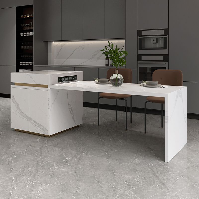 White Stone Contemporary Kitchen Island Table with Storage Cabinet
