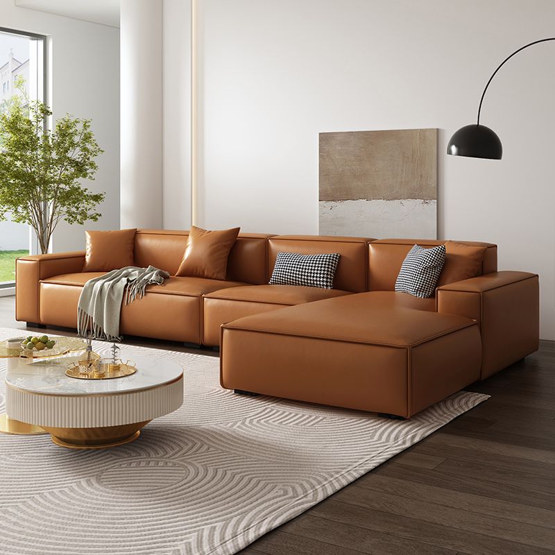 Vintage Genuine Leather Orange Cushions Square Arm Living Room Settee