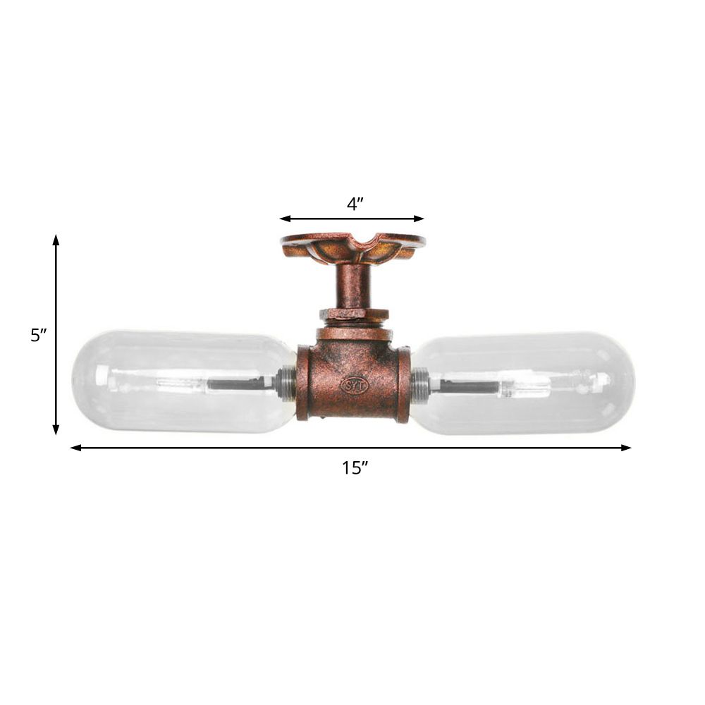Capsule Shade Living Room Semi Flush Light Vintage Clear Glass 2-Light Weathered Copper Ceiling Lighting with Pipe Design