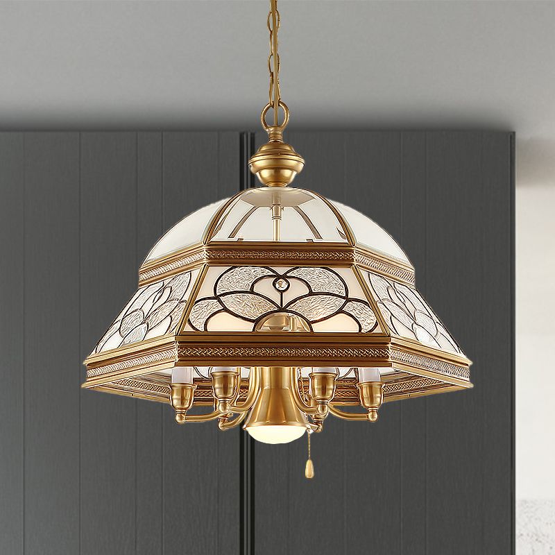 Sandblasted Glass Gold Chandelier Dome 6/7 Lights Colonialism Down Lighting Pendant for Living Room, 19.5"/21" W