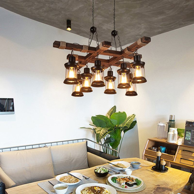 8-Lights Industrial Style Island Pendants Wood Pendant Lights for Dining Room