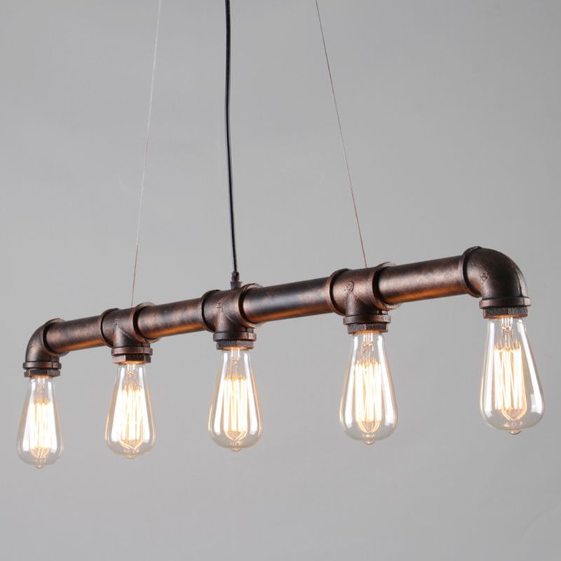 Antique Water Pipe Pendant Light 5 Heads Iron Hanging Island Light in Rust for Restaurant