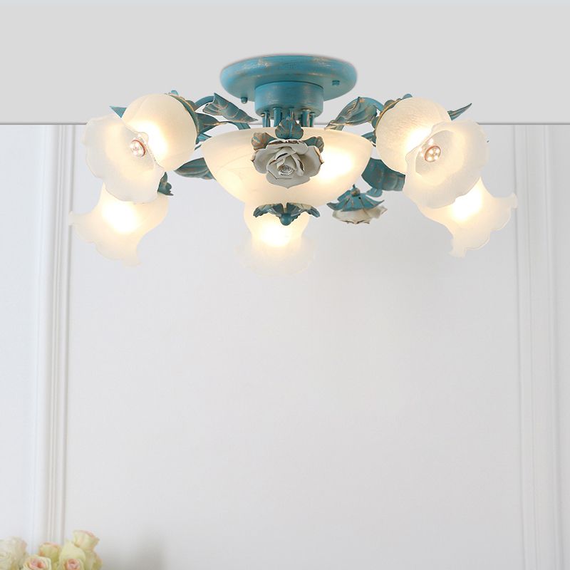 Korean Garden Flower Semi Flush Mount Frost Glass Ceiling Mounted Light for Bedroom