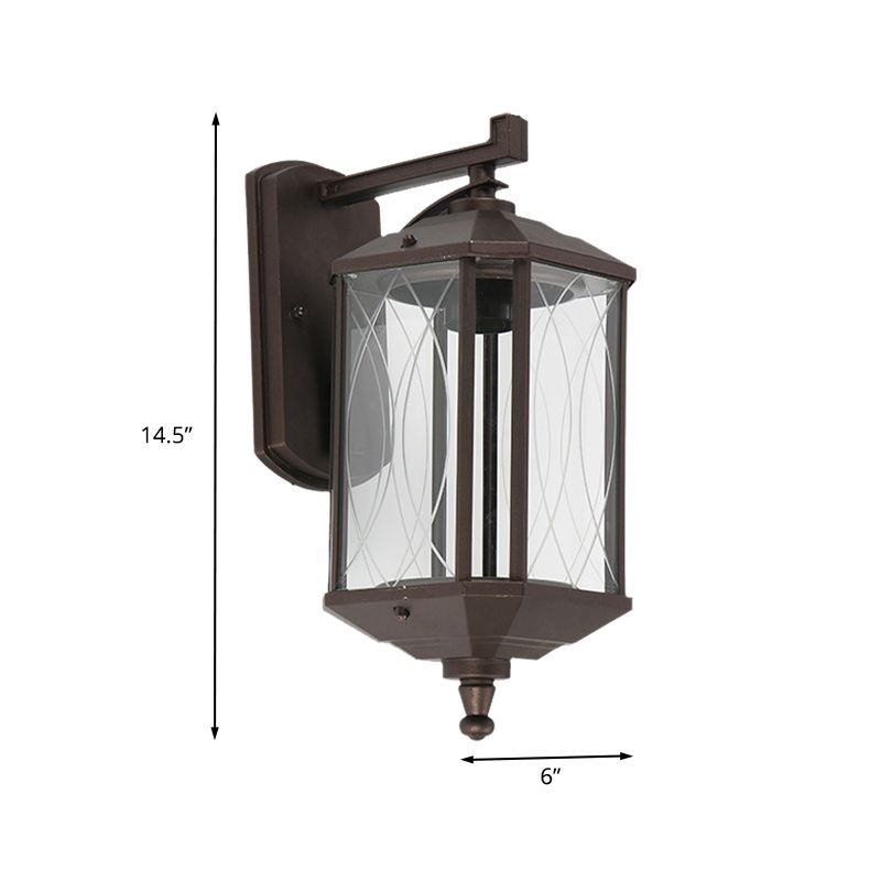 1-Head Cuboid Wall Mount Lighting Lodges Dark Coffee Clear Textured Glass Wall Sconce Lamp