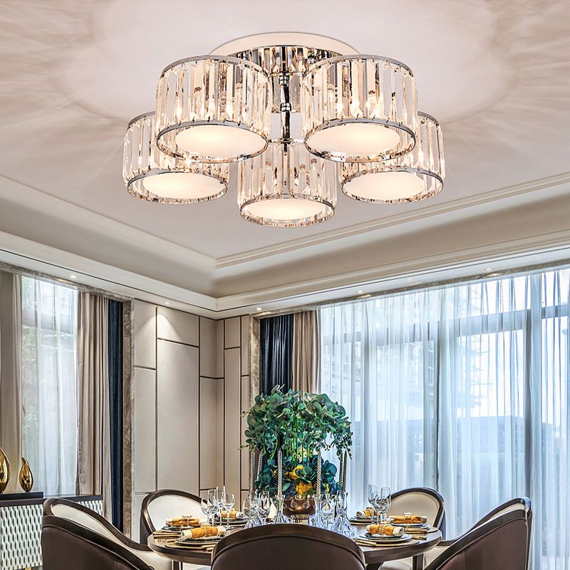 Crystal Drum Flush Mount Modernist 3/5/7 Heads Living Room Ceiling Lamp in Chrome Finish