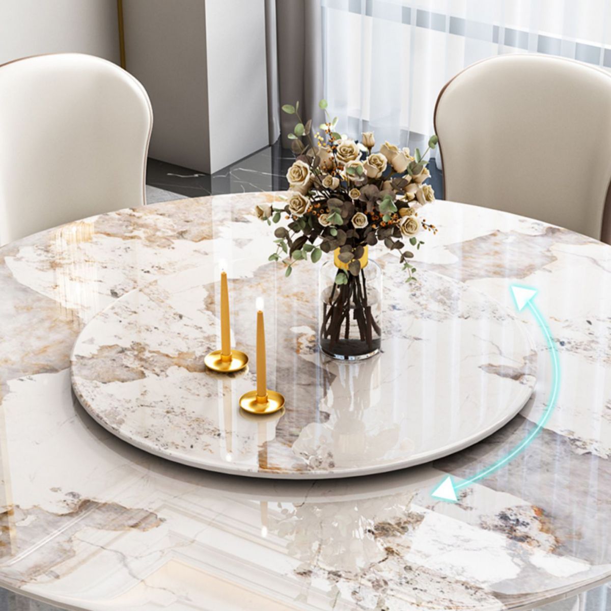Traditional Luxury Round Dining Table Pedestal Dining Room Furniture with Turntable