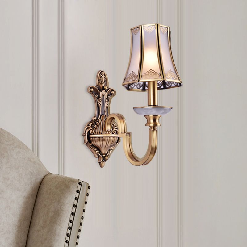 1/2 Heads Wall Lighting Fixture Colonial Style Flared Translucent Glass Wall Mounted Lamp in Brass