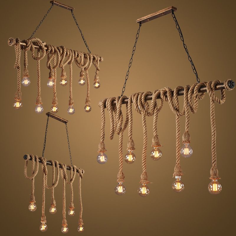 Vintage Hemp Rope Chandelier Industrial Retro Linear Exposed Bulb Pipe Pendant for Restaurant