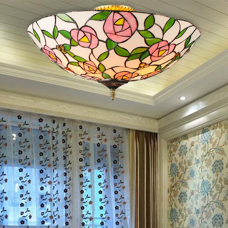 Pink and Green Bowl Flush Light with Rose Vintage Tiffany Stained Glass Flush Ceiling Light