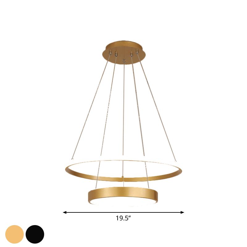 Iron 2-Tier Circular Ceiling Lamp Tiffany Black/Gold LED Hanging Chandelier for Dining Room, Warm/White Light