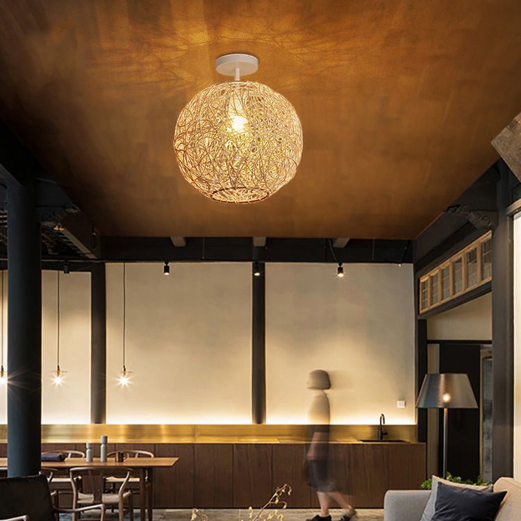 Spherical Ceiling Flush Mount Asia Rattan Semi Flush Mount Lighting