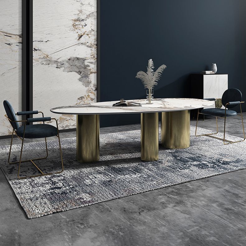 Oval Traditional Luxury Dining Table White Sintered Stone Table with 3 Gold Legs