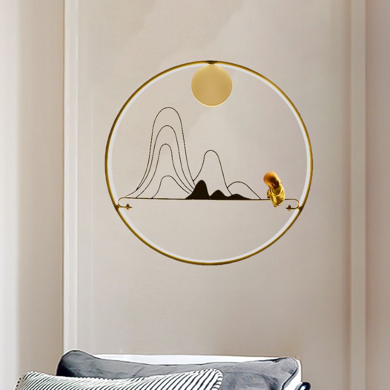 Mountain and Monk Mural Wall Lamp Creative Chinese Style Fabric Gold LED Sconce Light