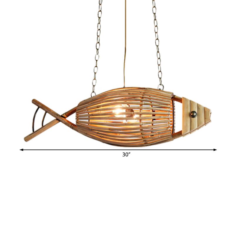 Coastal Style Fish Shaped Chandelier Light Fixture Bamboo 1 Light Bedroom Suspension Lamp in Beige