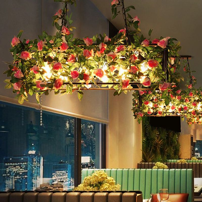 4-Light Rectangle Island Lamp Industrial Black Metal Hanging Light with Faux Plant Decor