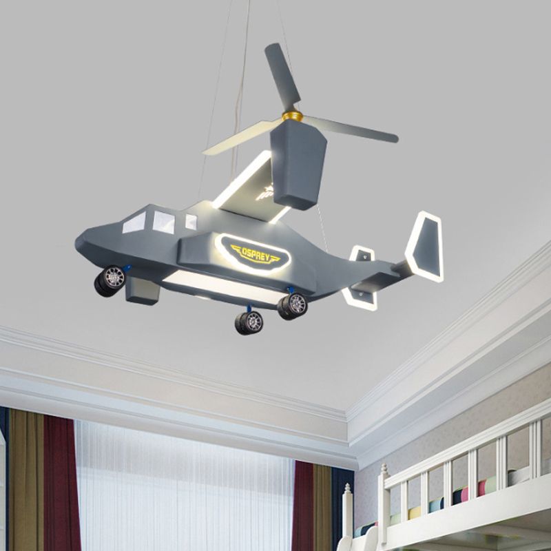Hélicoptère Figure d'éclairage de lustre carton de style dessin animé Métal led garçon de plafond pendentif léger en gris