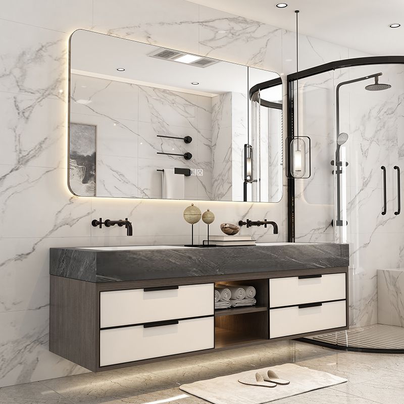 Modern Bathroom Sink Vanity Limestone Faucet and Mirror Open Console with Sink Set