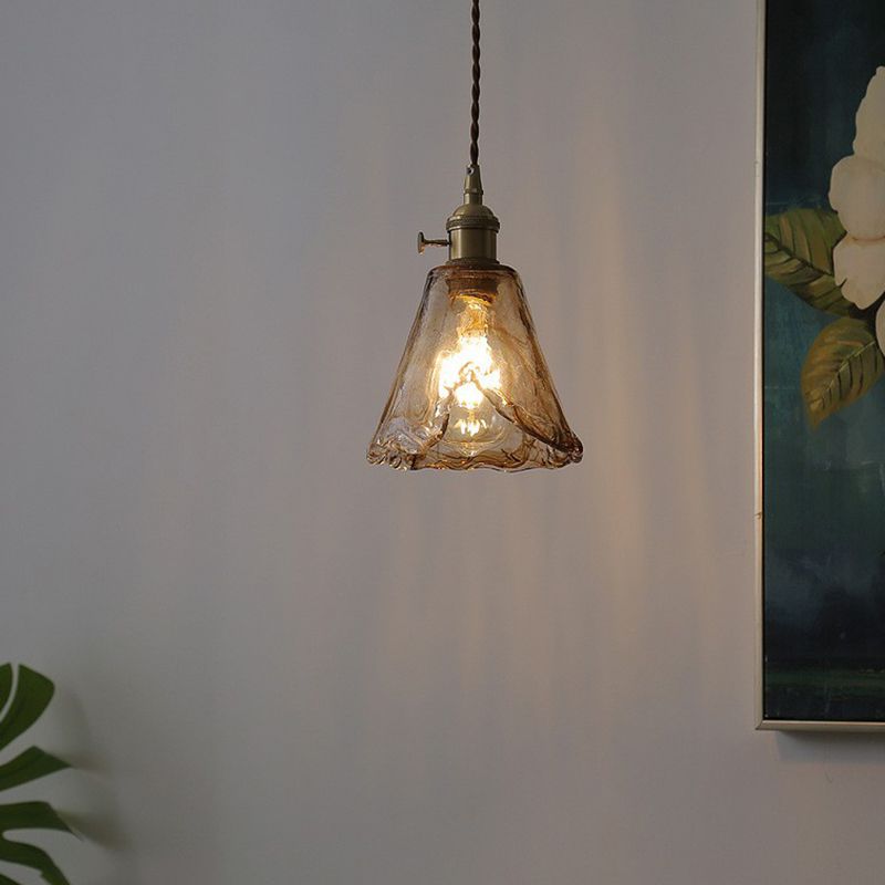 Single-Bulb Hanging Lamp Vintage Bell Cognac Glass Lighting Pendant for Dining Room